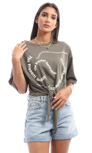 95055 " The Present Generation" Printed Front Tye Olive Top