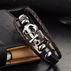 Anchor Braided Brown Leather Ring Wrist Band Strand Bracelet Men