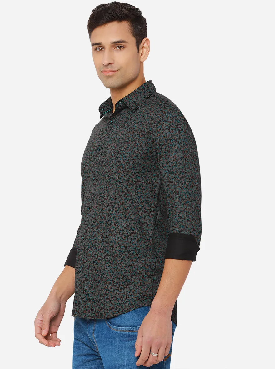 Black & Seagreen Printed Slim Fit Semi Casual Shirt | JadeBlue