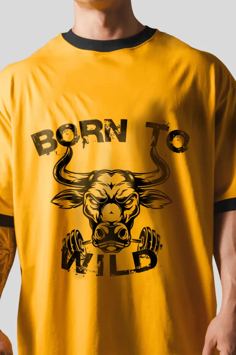 Born To Wild Oversized Black Rib Collar T-shirt (Mustard)