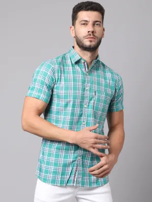 Cantabil Cotton Checkered Green Half Sleeve Regular Fit Casual Shirt for Men with Pocket