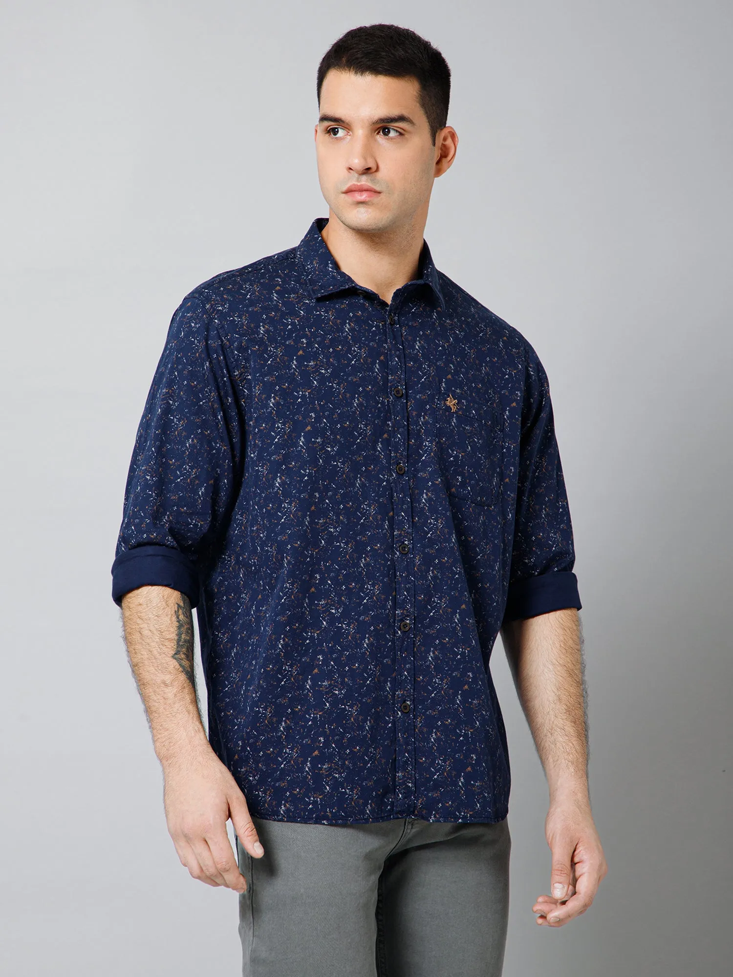 Cantabil Cotton Printed Full Sleeve Regular Fit Navy Blue Casual Shirt with Pocket for Men