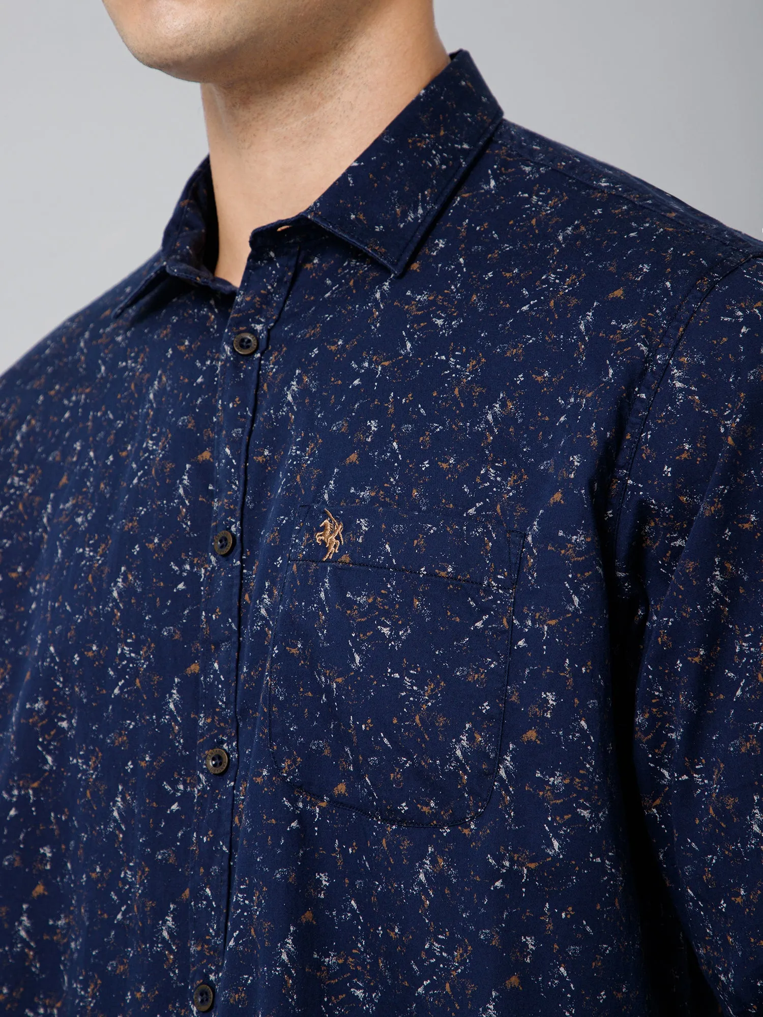 Cantabil Cotton Printed Full Sleeve Regular Fit Navy Blue Casual Shirt with Pocket for Men