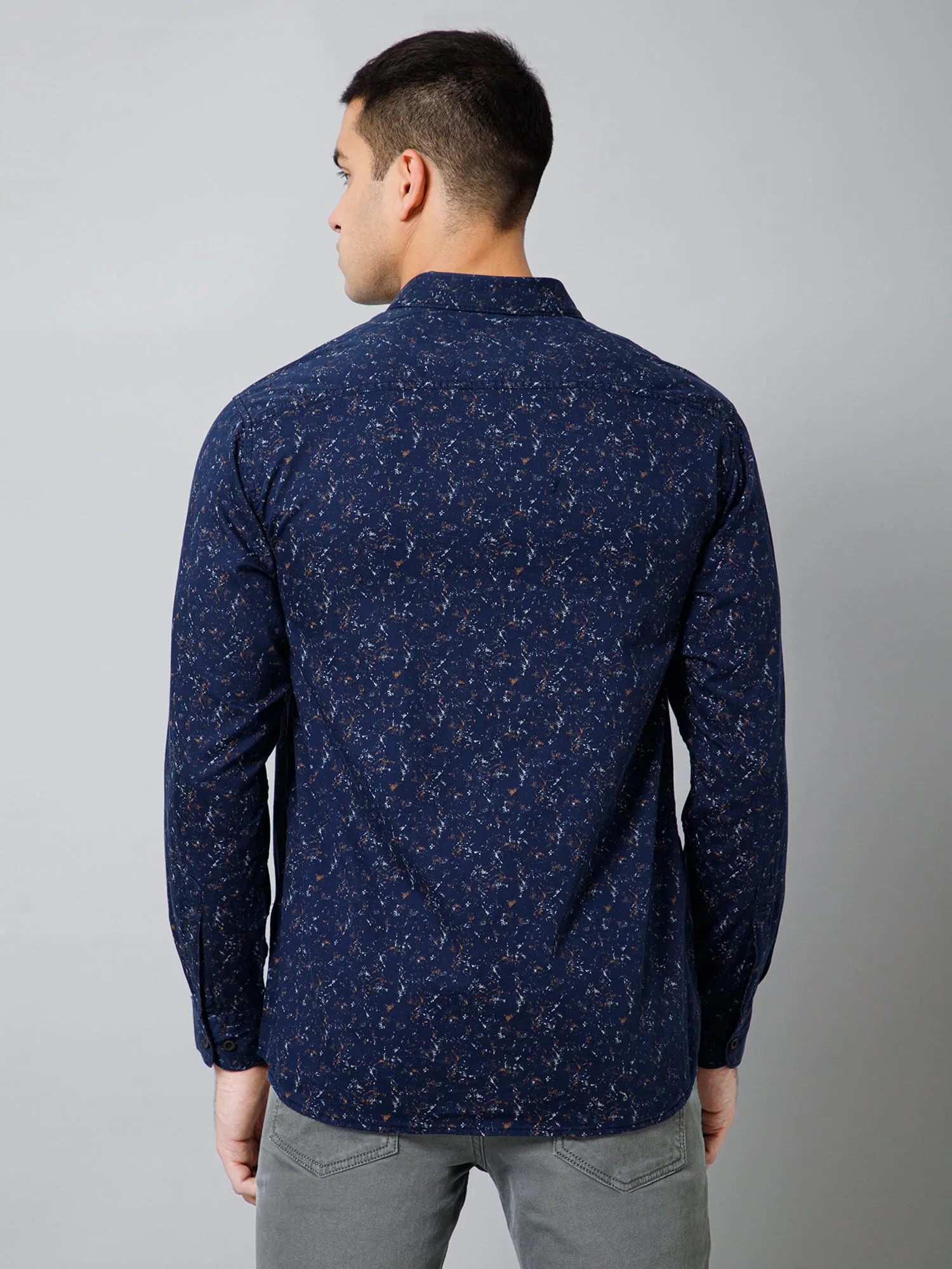 Cantabil Cotton Printed Full Sleeve Regular Fit Navy Blue Casual Shirt with Pocket for Men