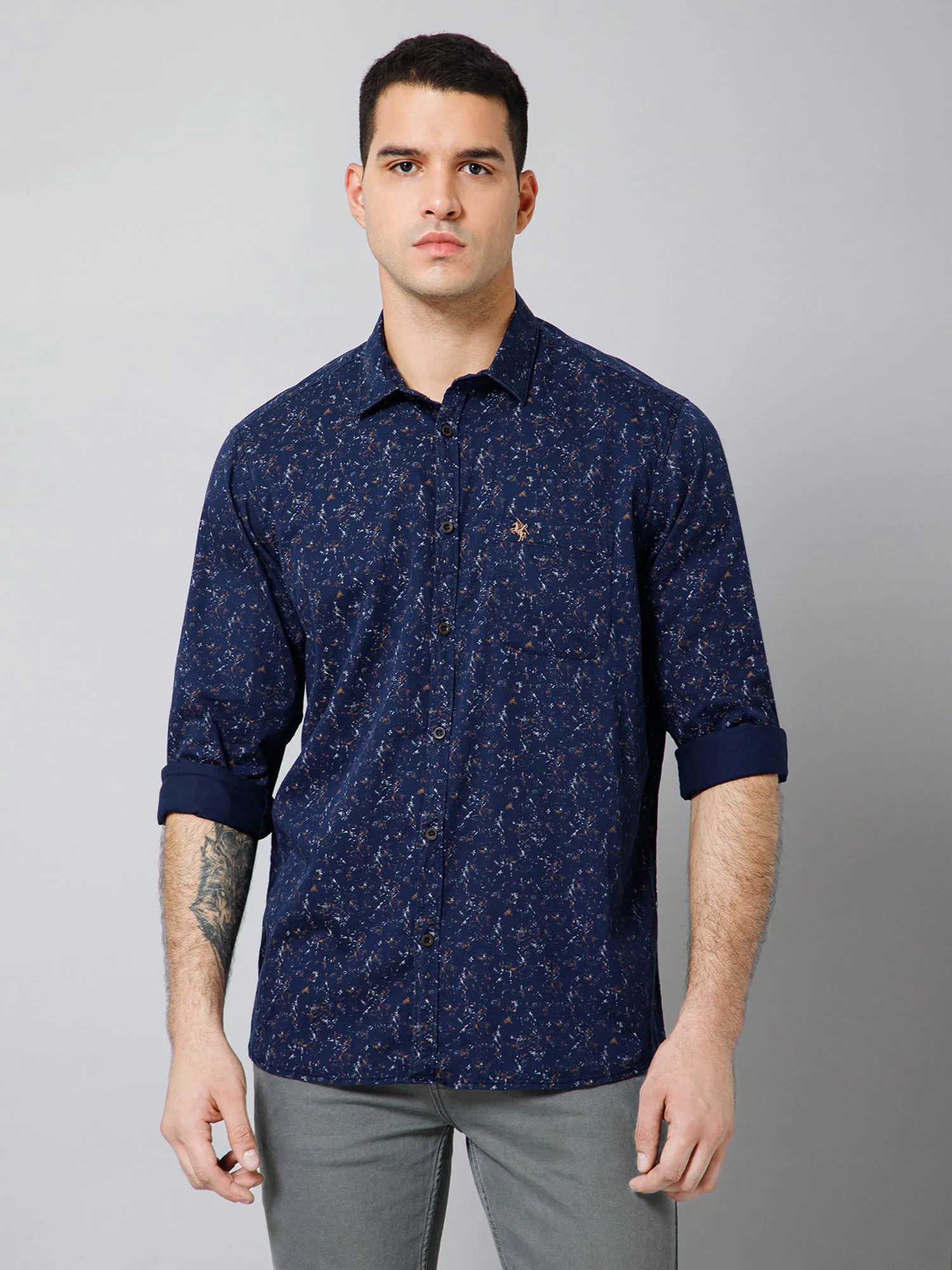 Cantabil Cotton Printed Full Sleeve Regular Fit Navy Blue Casual Shirt with Pocket for Men