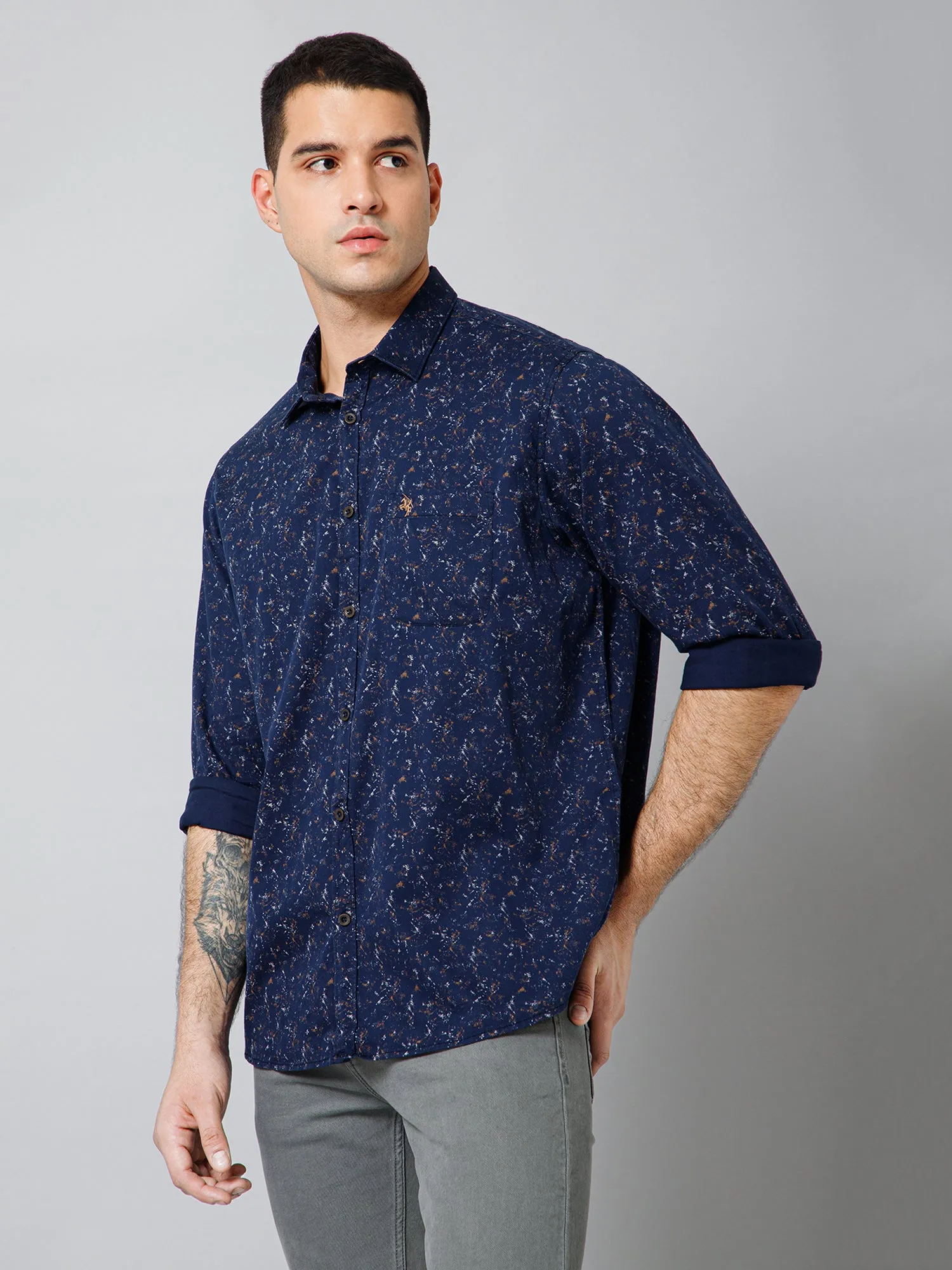 Cantabil Cotton Printed Full Sleeve Regular Fit Navy Blue Casual Shirt with Pocket for Men