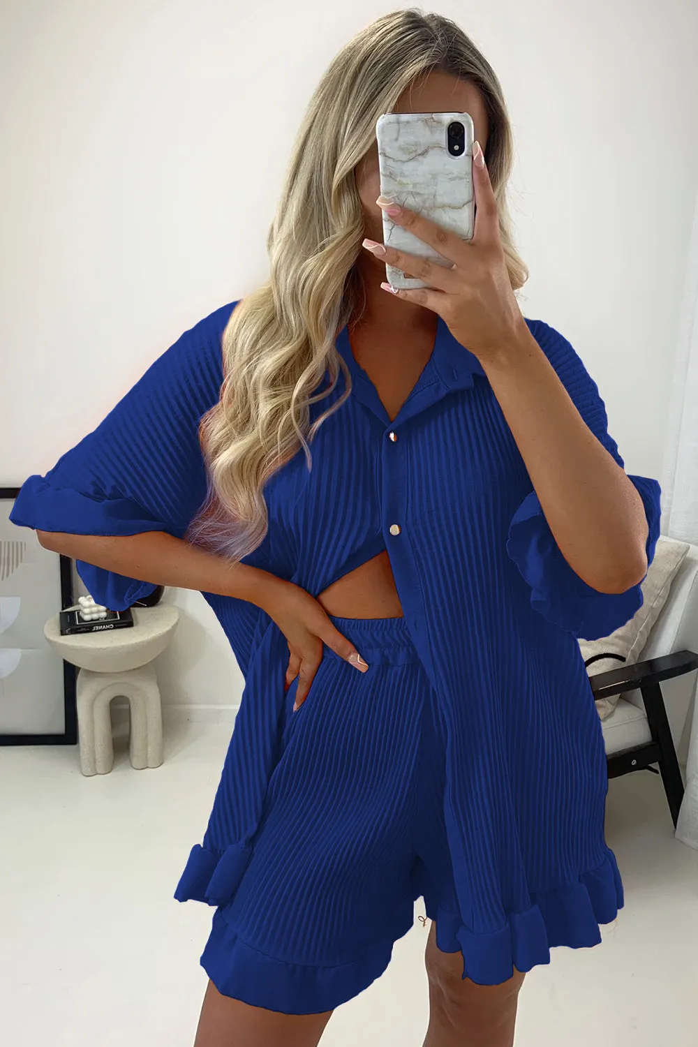 Colette Royal Blue Plisse Pleated Frill Hem Shirt and Shorts Co-Ord Set