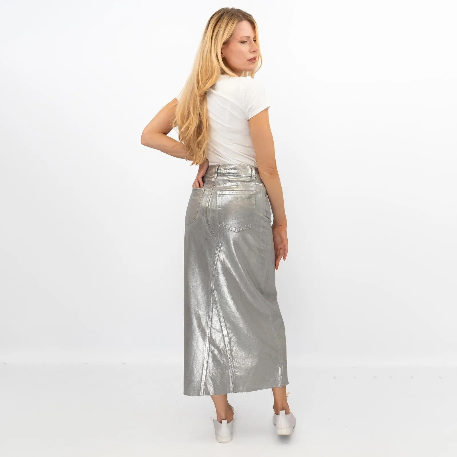 M&S Silver Denim Foil Shimmer Metallic Maxi Skirt Split