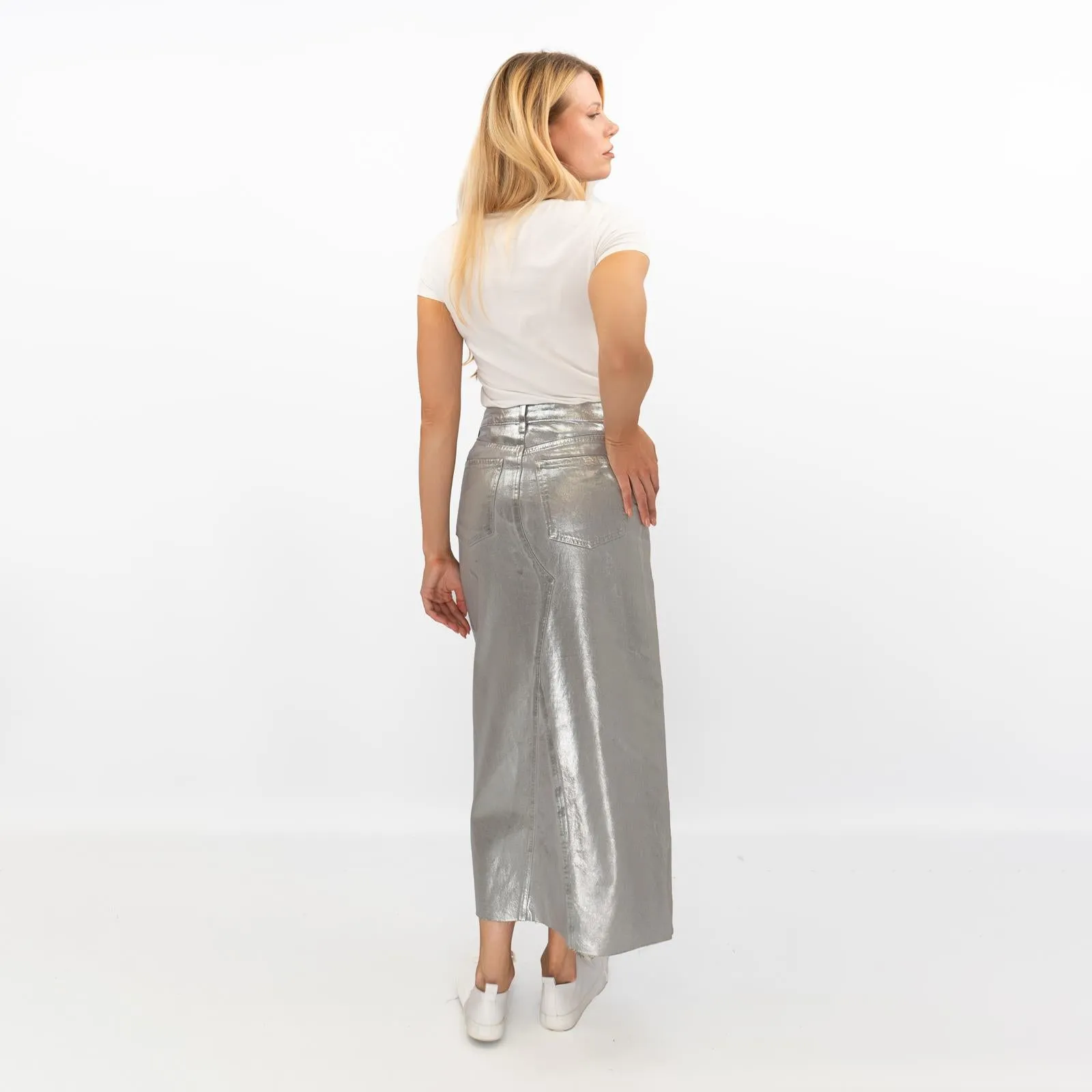 M&S Silver Denim Foil Shimmer Metallic Maxi Skirt Split