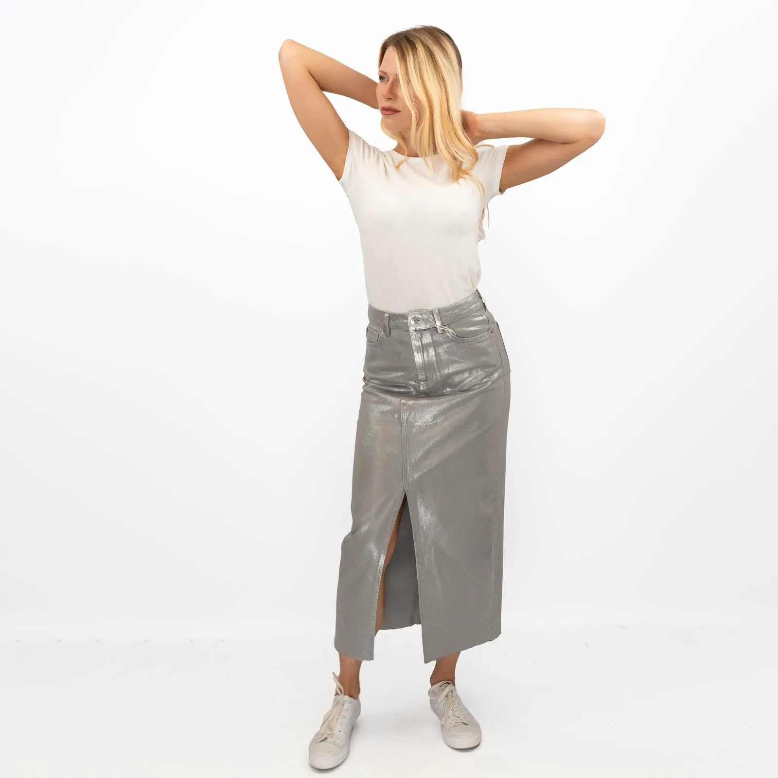 M&S Silver Denim Foil Shimmer Metallic Maxi Skirt Split