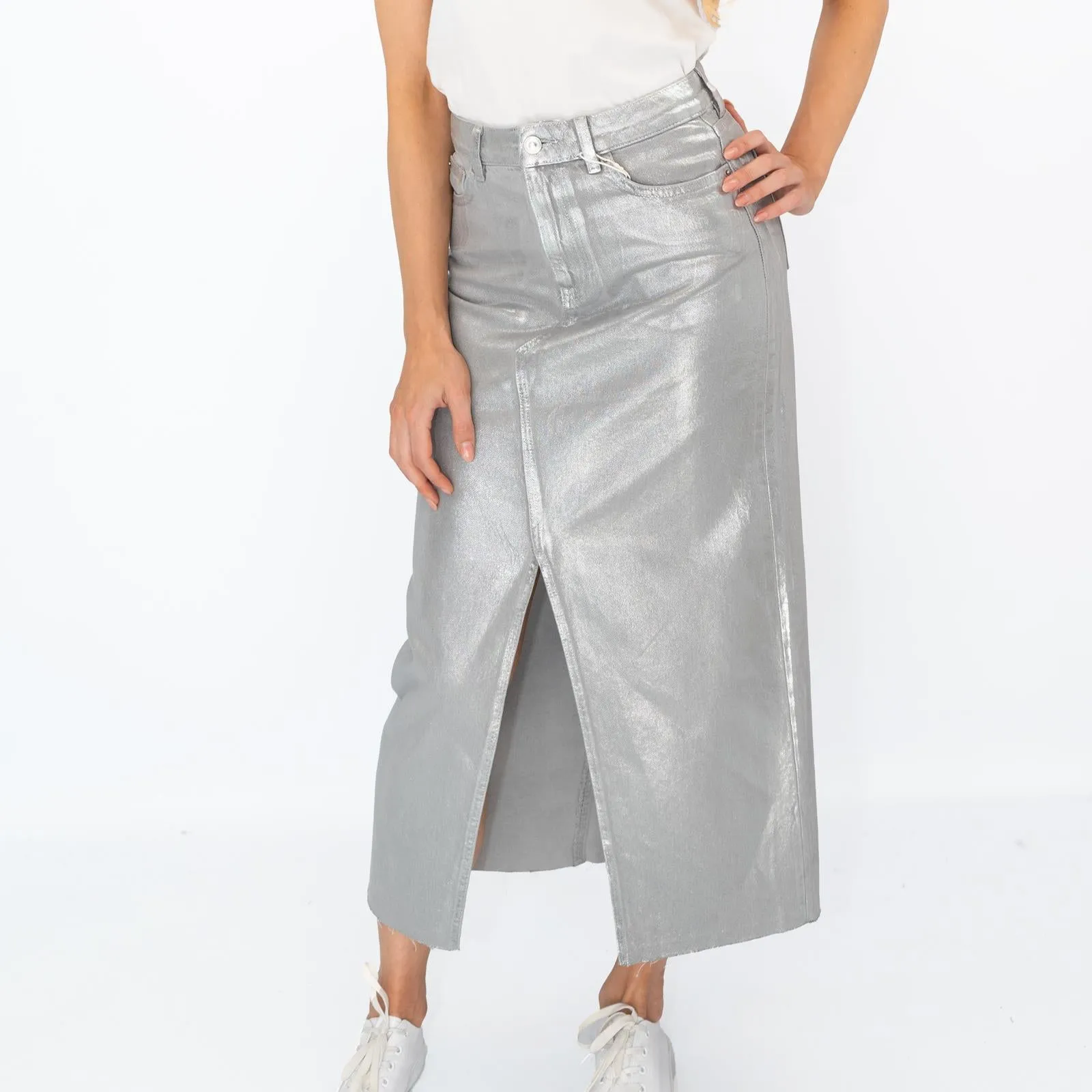 M&S Silver Denim Foil Shimmer Metallic Maxi Skirt Split