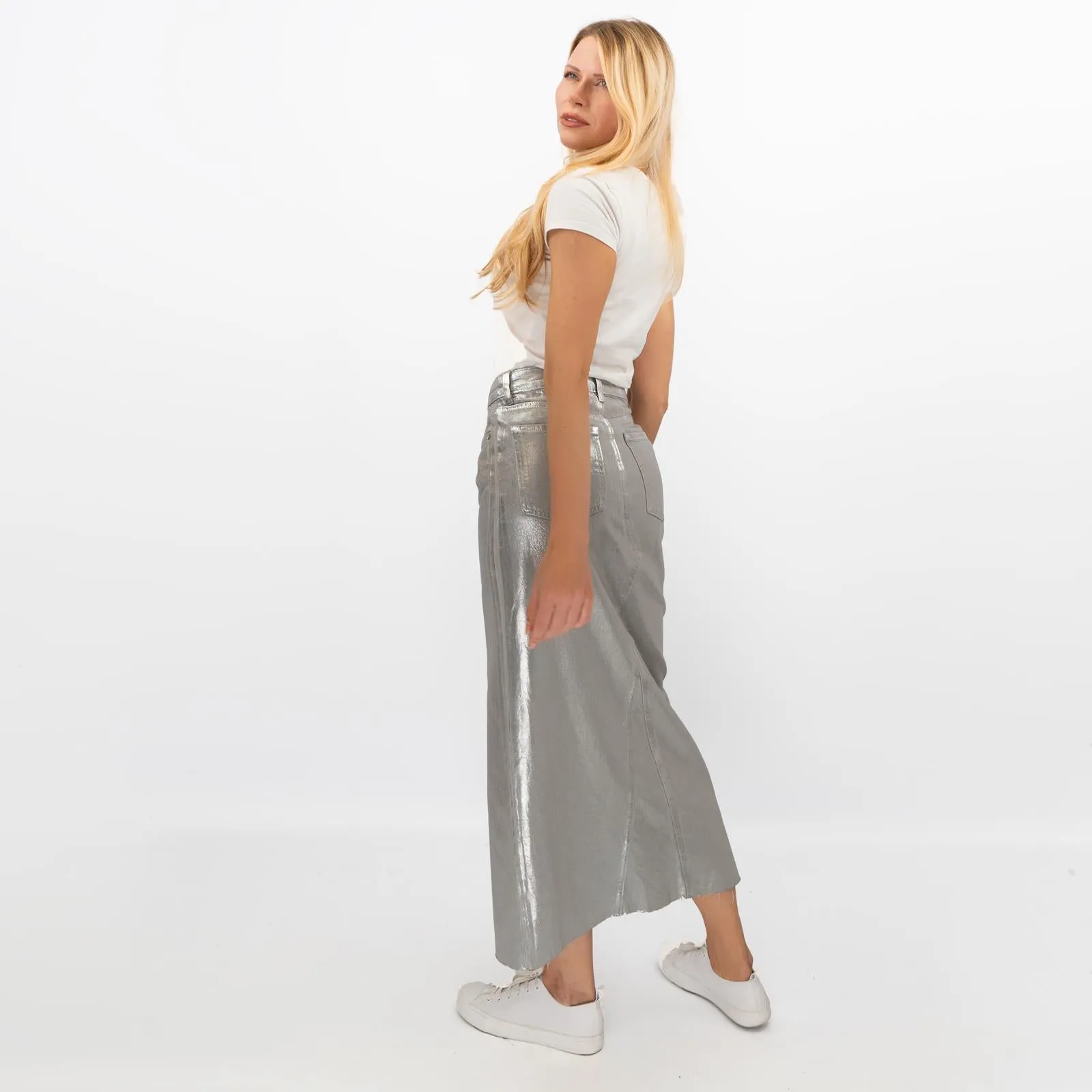 M&S Silver Denim Foil Shimmer Metallic Maxi Skirt Split