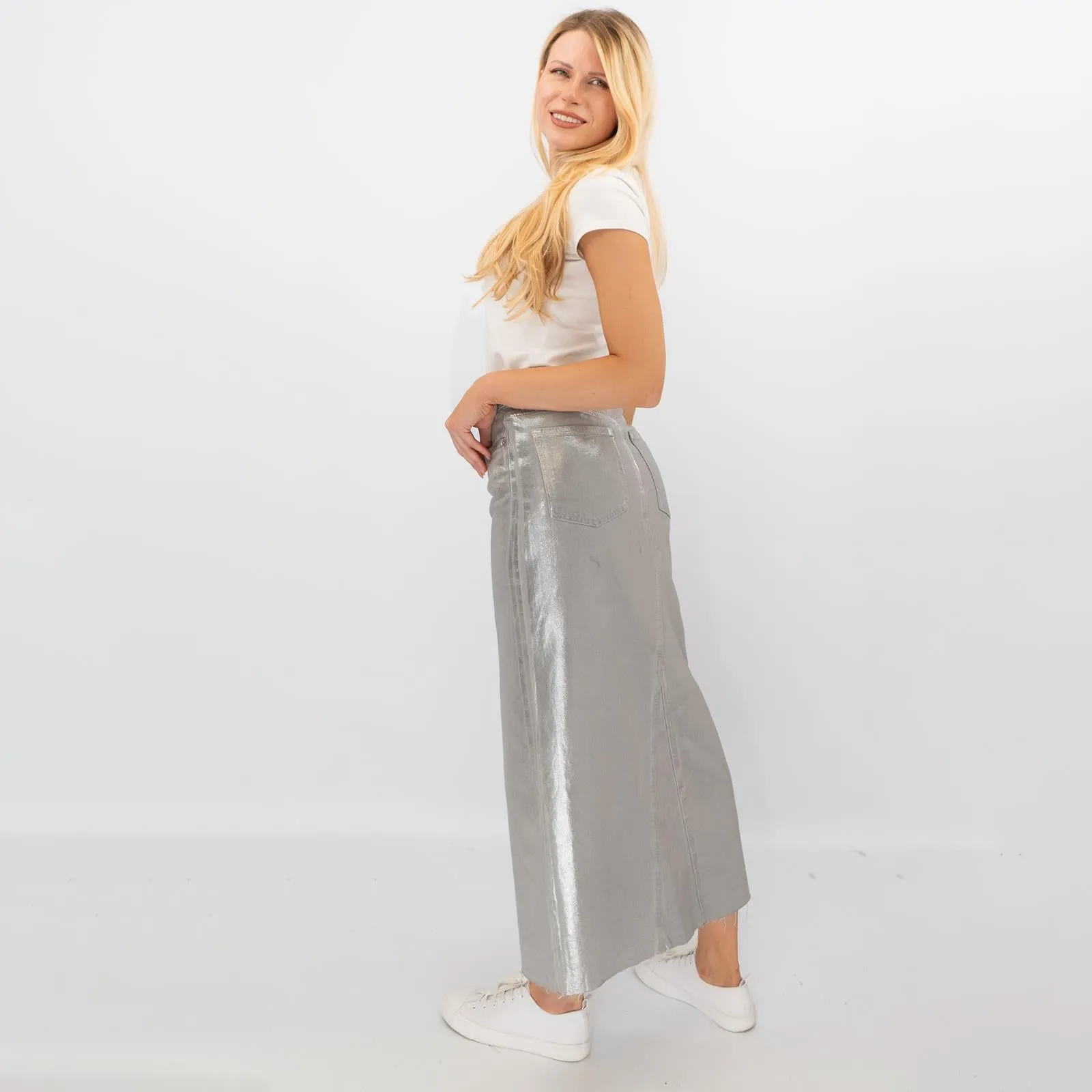 M&S Silver Denim Foil Shimmer Metallic Maxi Skirt Split