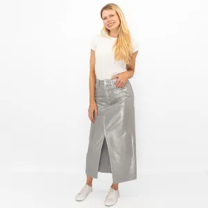 M&S Silver Denim Foil Shimmer Metallic Maxi Skirt Split