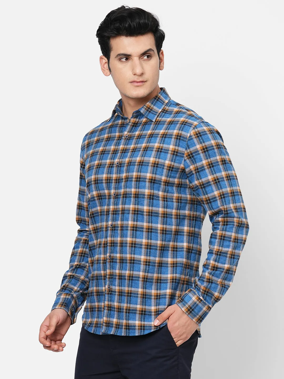 Men's Navy Cotton Regular Fit Checked Shirt