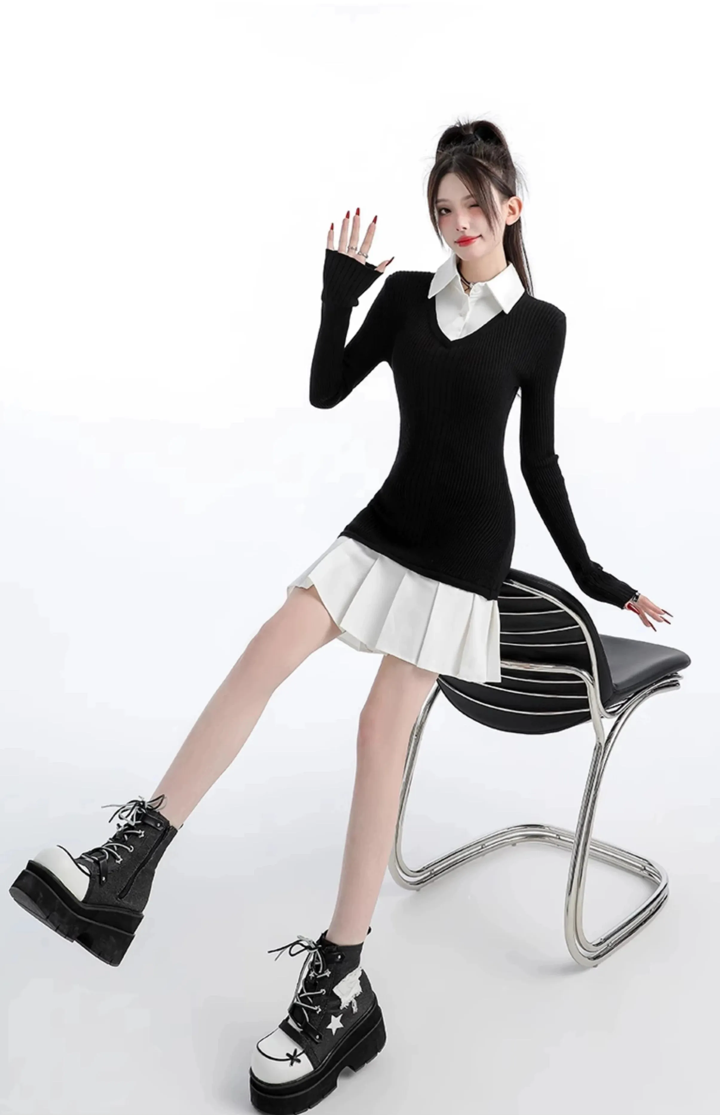 Mock Layered Pleated Hem Long Sleeve Dress