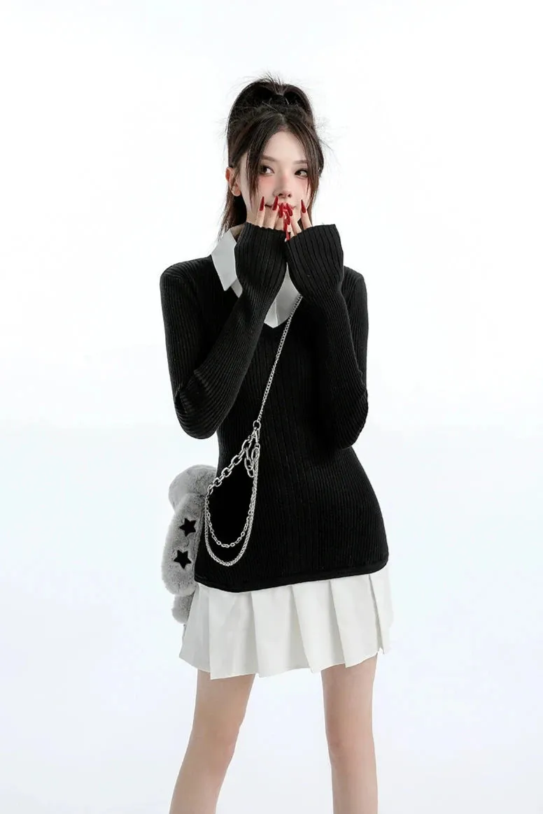 Mock Layered Pleated Hem Long Sleeve Dress