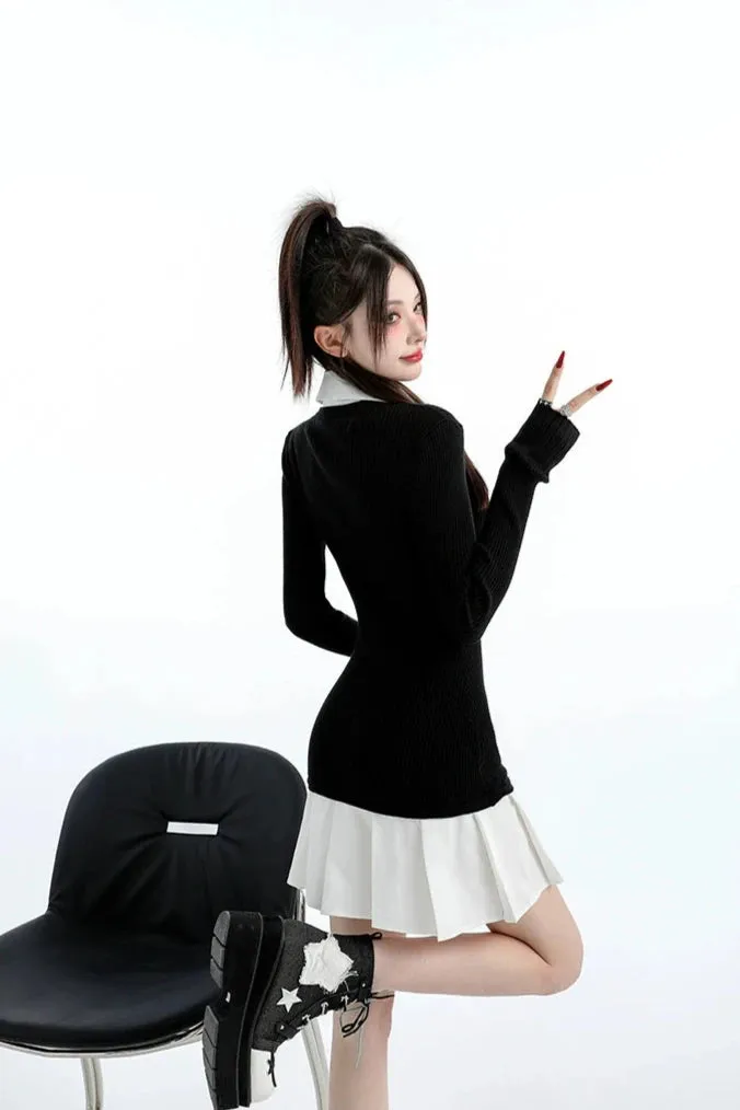 Mock Layered Pleated Hem Long Sleeve Dress