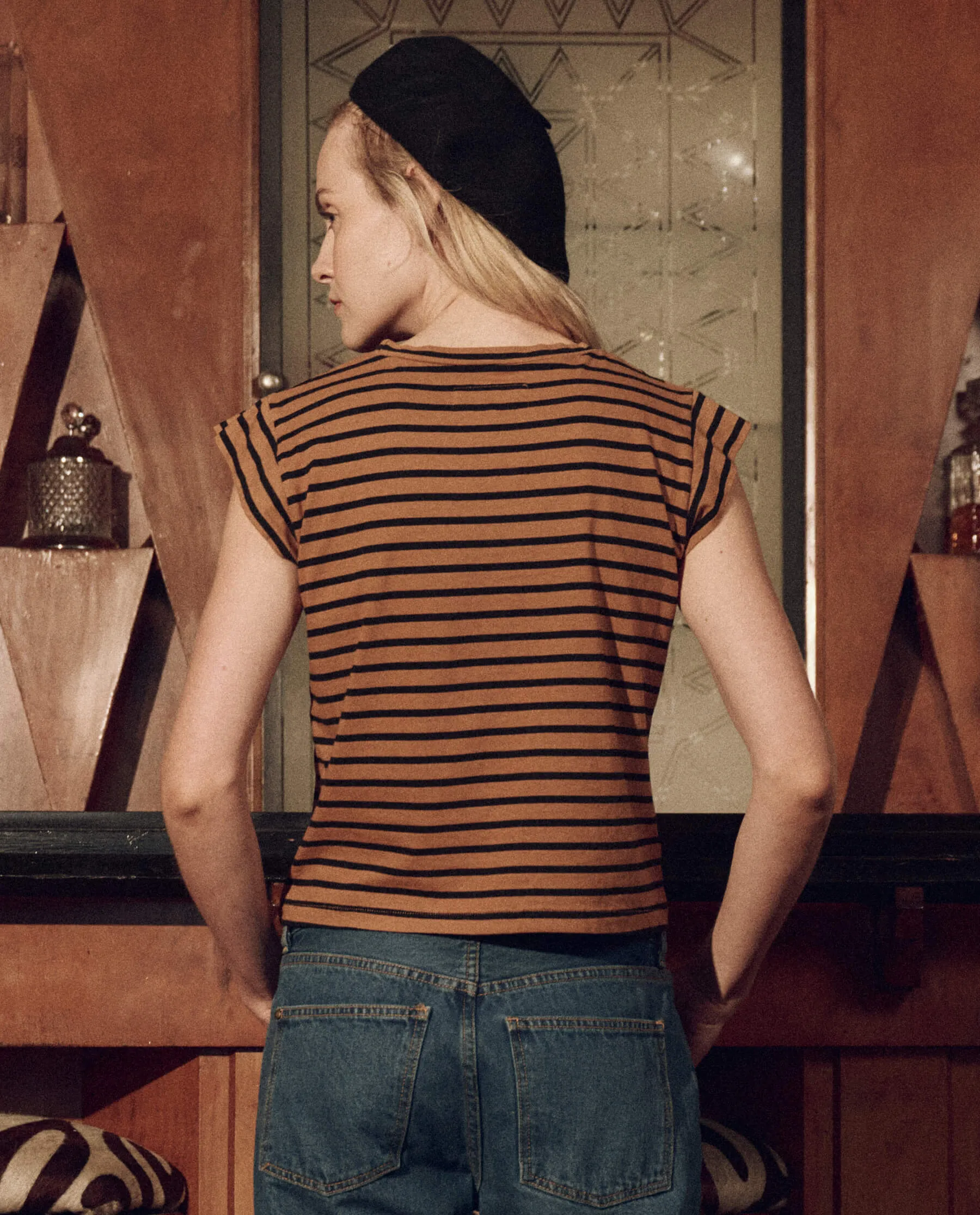 The Peak Shoulder Tee. -- Over Dyed Suntan Gondola Stripe