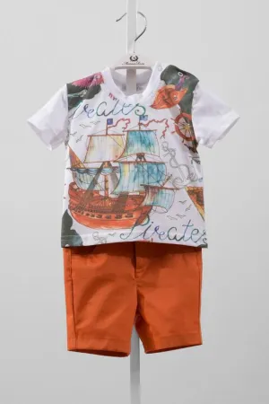 Watercolour Print Orange Shorts And T-Shirt Boys Set