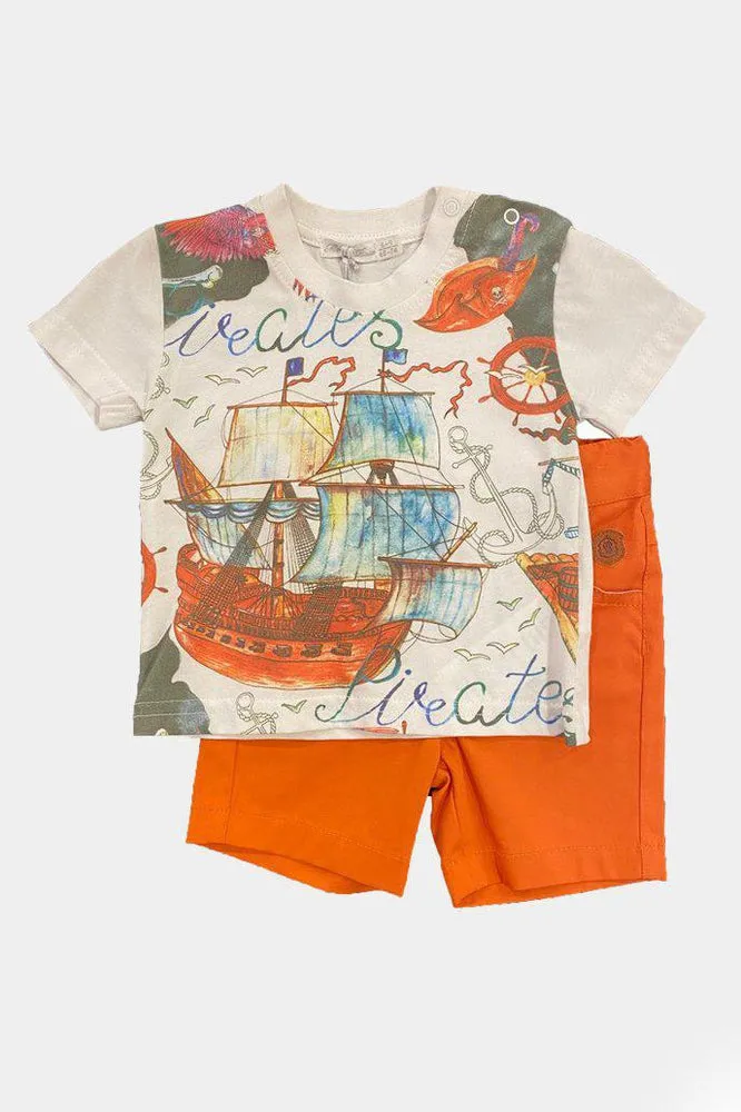 Watercolour Print Orange Shorts And T-Shirt Boys Set